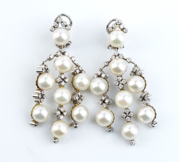 Diamond pearl gold drop pair of earrings