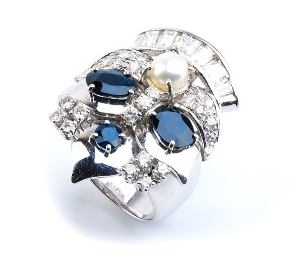 Diamond blue sapphire pearl gold ring 