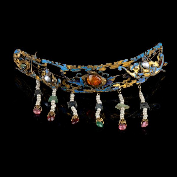 DIADEMA IN METALLO SMALTATO, PIETRE E PERLE