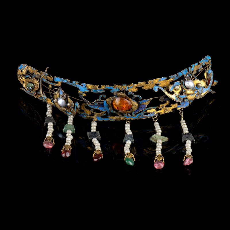DIADEMA IN METALLO SMALTATO, PIETRE E PERLE