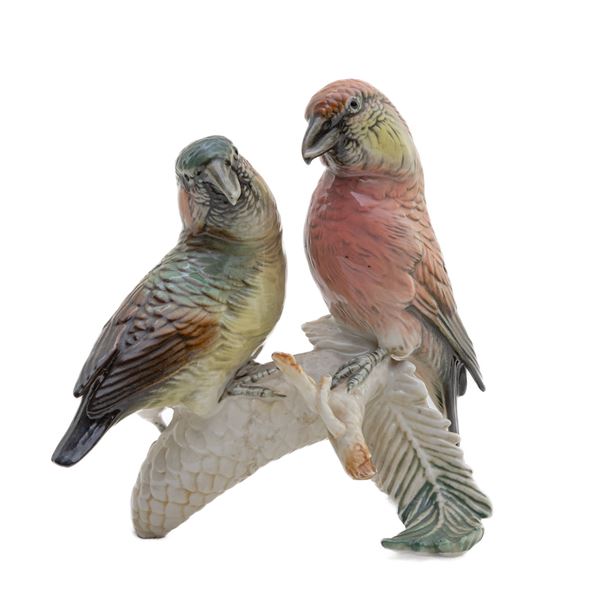 Pair of parrots, polychrome porcelain group