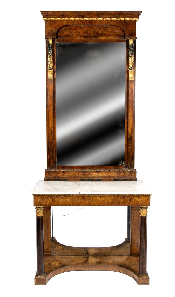 Tuscan Empire walnut console table with mirror - Italy 