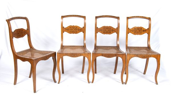 Set sedie italiane in legno di acero intarsiate, Carlo X