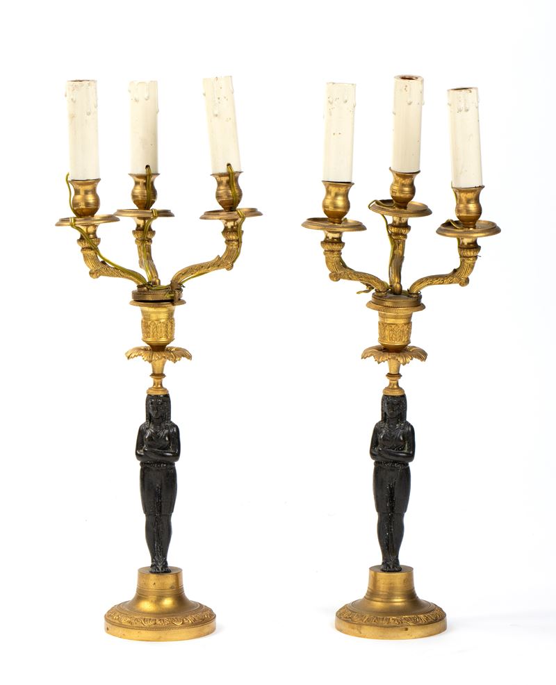 Coppia di Lampade Francesi in Bronzo Retour D’egypte