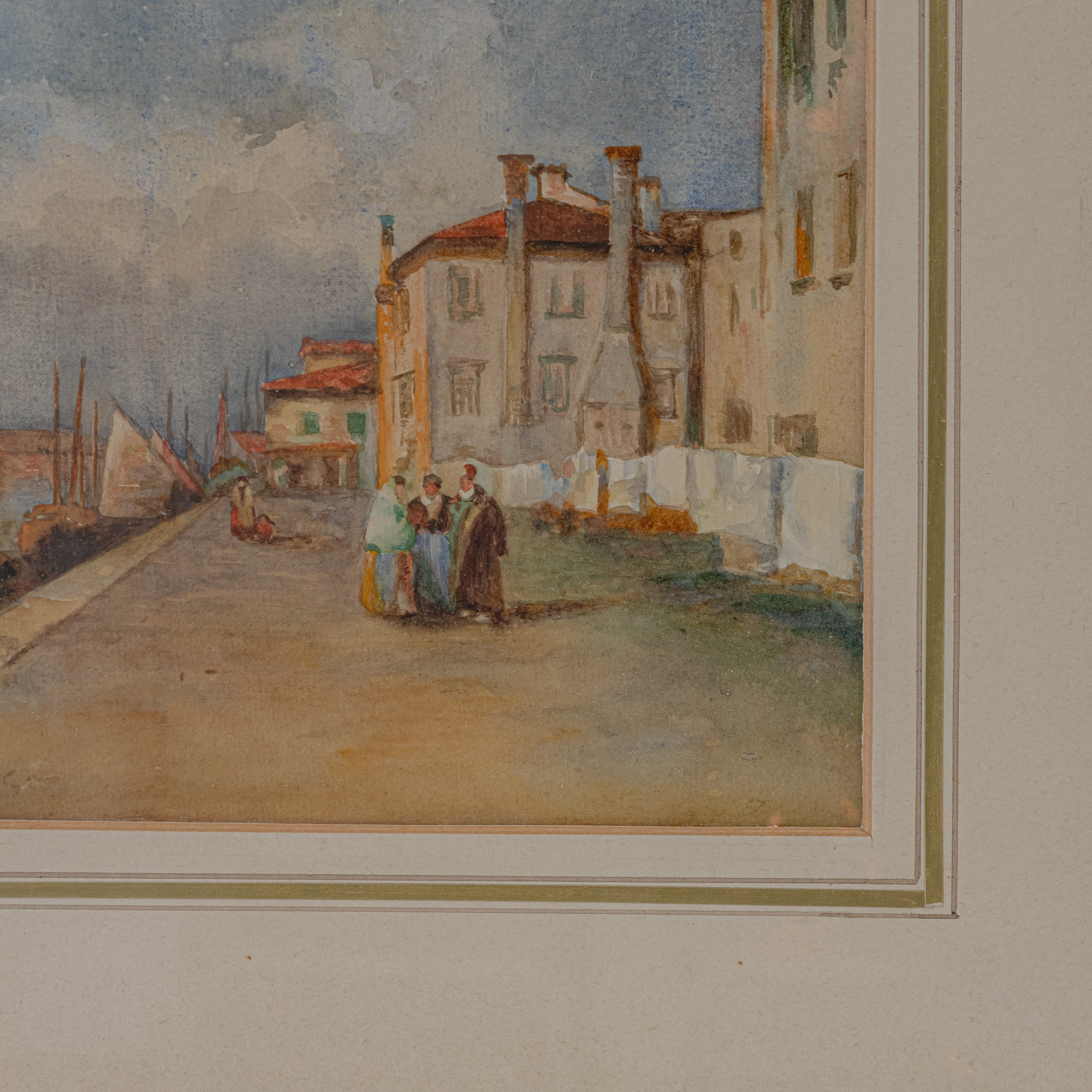 Veduta di porto con barche , personaggi e costruzioni