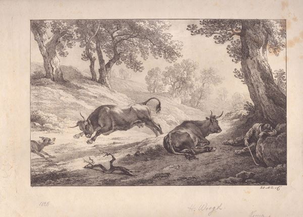 Hendrik Voogd : Landscape with bulls  (1826)  - Auction Old Master and Modern Prints, Matrices, Maps, Photography - Bertolami Fine Art - Casa d'Aste