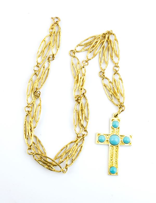 Gold chain and gold cross with turquoise pastes