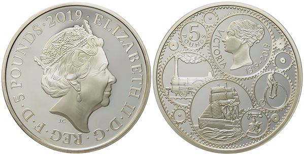 INGHILTERRA. Elisabetta II (1952 - 2022). Silver 5 Pounds - 2 oz. Queen Victoria 2019. Ag (28,28 g; 38,61 mm)  - Asta Monete e medaglie medievali e moderne italiane ed estere - Bertolami Fine Art - Casa d'Aste