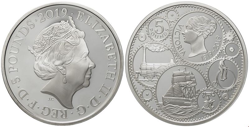 Inghilterra. Elisabetta II Silver 5 Pounds - 2 Oz. Queen Victoria 2019. Ag (28,28 G; 38,61 MM).