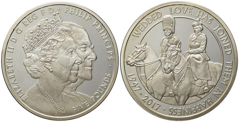 Inghilterra. Elisabetta II (1952 - 2022). Silver 5 Pounds - 2 Oz. Silver Wedding 2017. Ag (56,56 ...