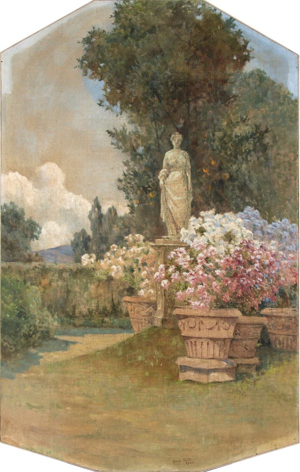ADOLFO TOMMASI - Garden with statue of a Tuscany villa