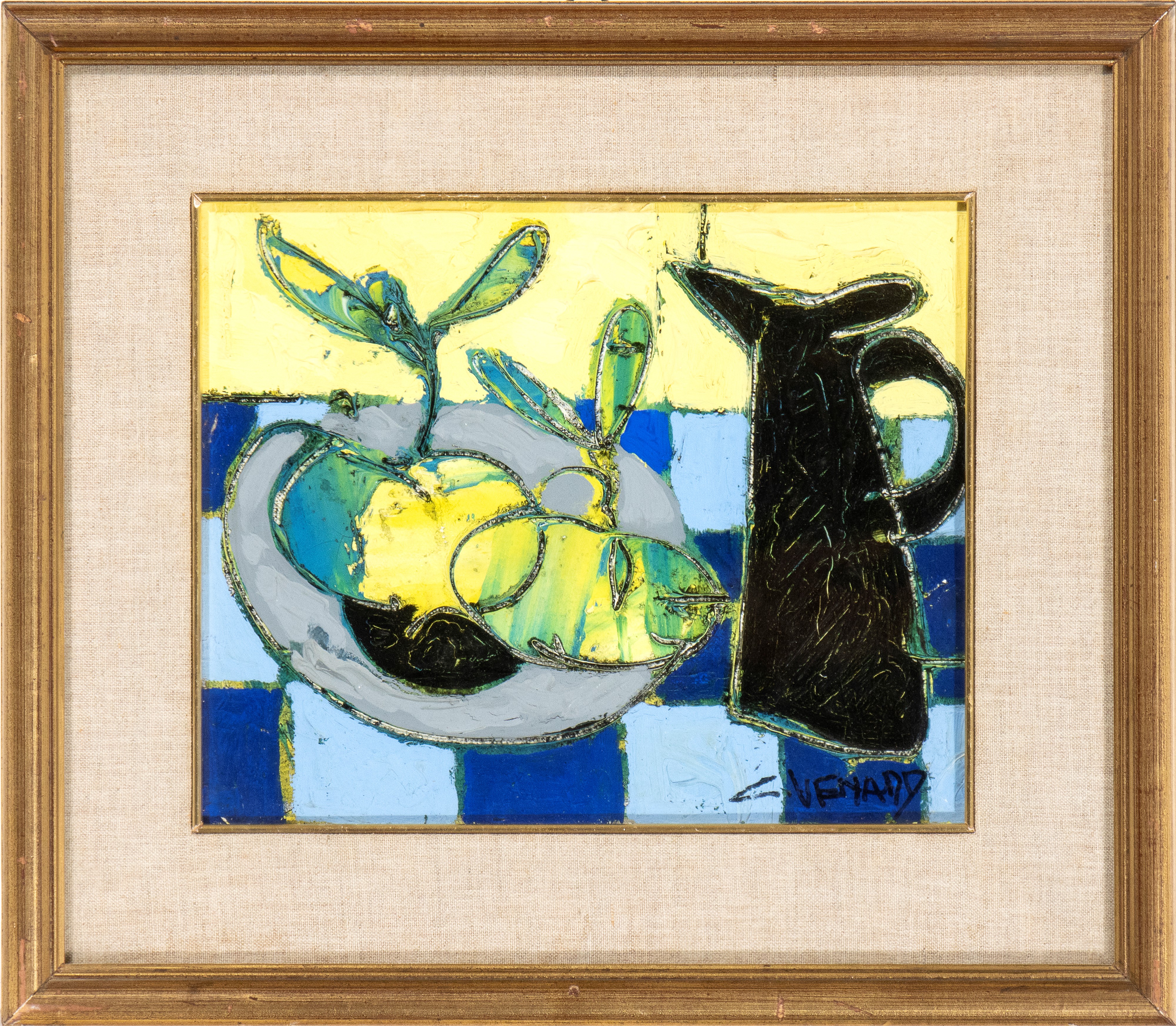 Claude Venard - Natura Morta con Bottiglia e Frutta