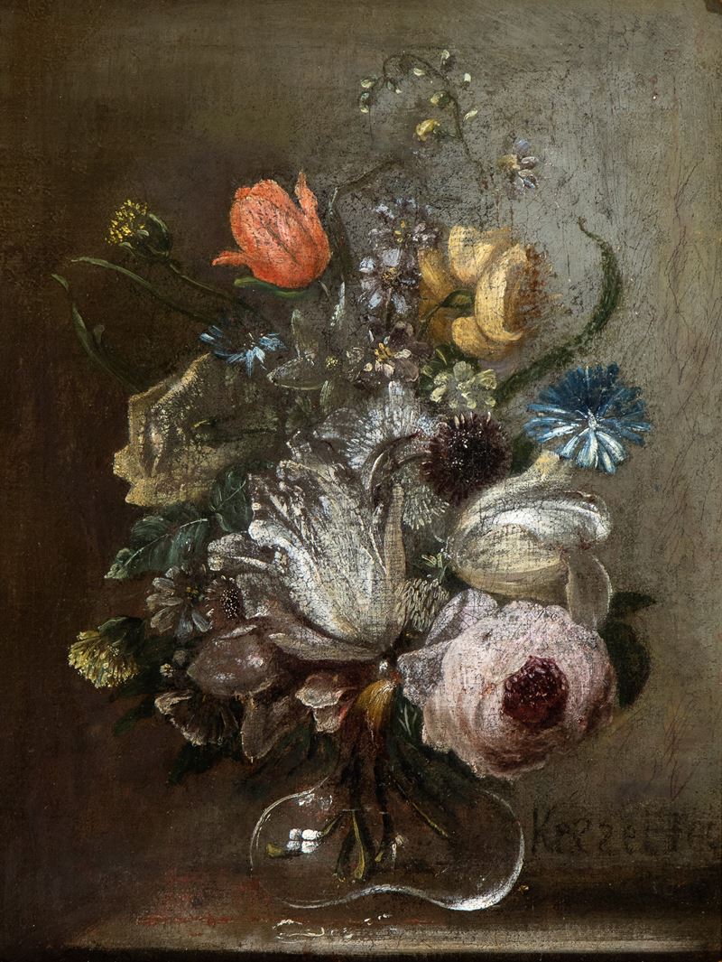 Peter Van Kessel - Bouquet di Fiori in un Vaso di Cristallo