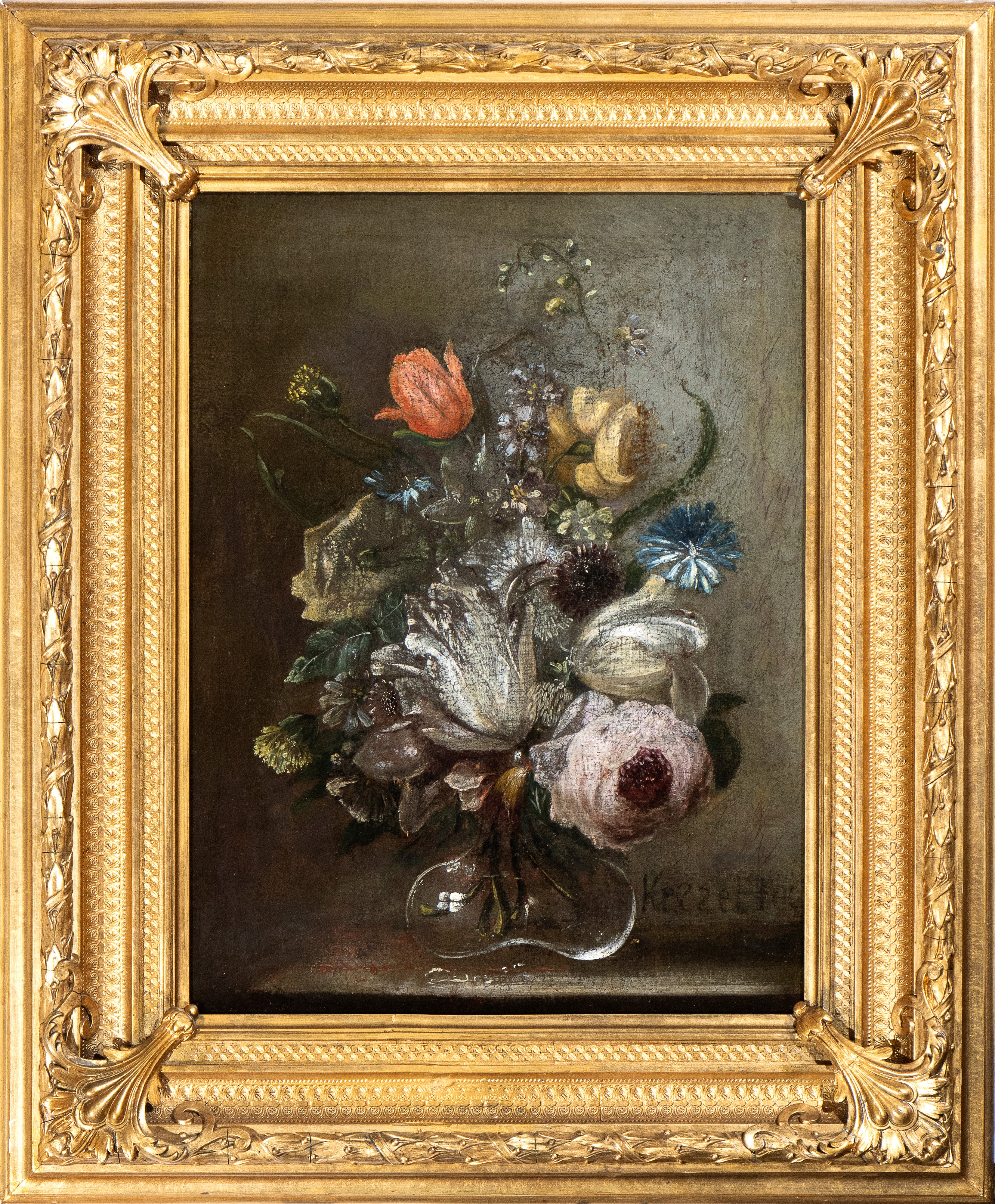 Peter Van Kessel - Bouquet di Fiori in un Vaso di Cristallo
