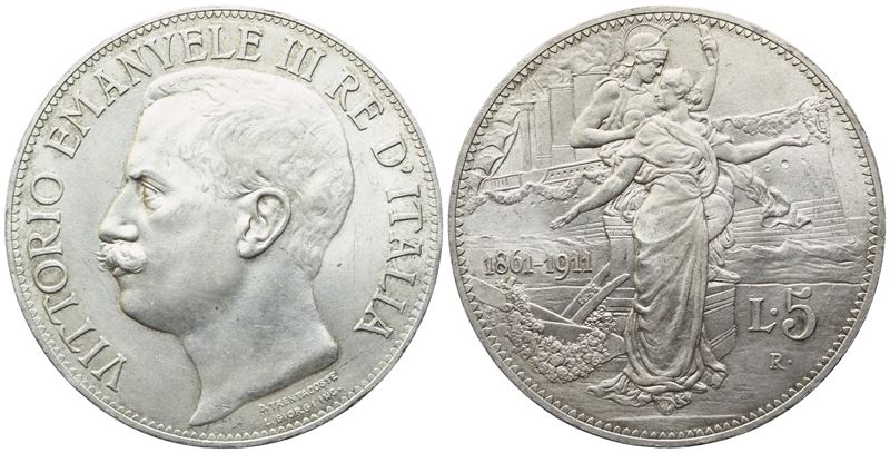 Regno D'italia. Vittorio Emanuele III (1900-1943). 5 Lire 1911 'cinquantenario'. Ag (24,98 G; 36,...