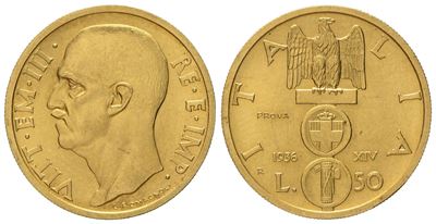 Regno D'italia. Vittorio Emanuele III (1900-1946). 50 Lire 1936 'impero'. Prova. Au (4,41 G; 20,4...