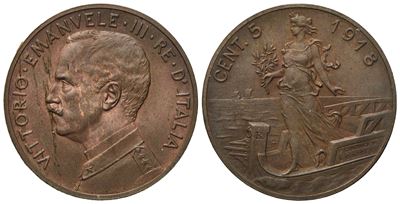 Regno D'italia. Vittorio Emanuele III (1900-1946). 5 Centesimi 1918. Cu (5,15 G; 24,7 MM)