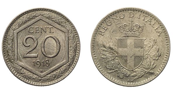 REGNO D'ITALIA. Vittorio Emanuele III (1900-1946). 20 Centesimi 1918 "Esagono". CuNi (3,92 g; 21,1 mm)  - Asta Monete e medaglie medievali e moderne italiane ed estere - Bertolami Fine Art - Casa d'Aste