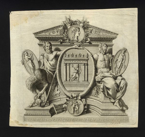 Carlo Bartolomeo Gregori - Cartiglio decorativo con tempio e divinità varie, medaglioni ornamentali e fregi