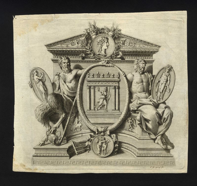 Carlo Bartolomeo Gregori - Cartiglio Decorativo con Tempio e Divinità Varie, Medaglioni Ornamenta...
