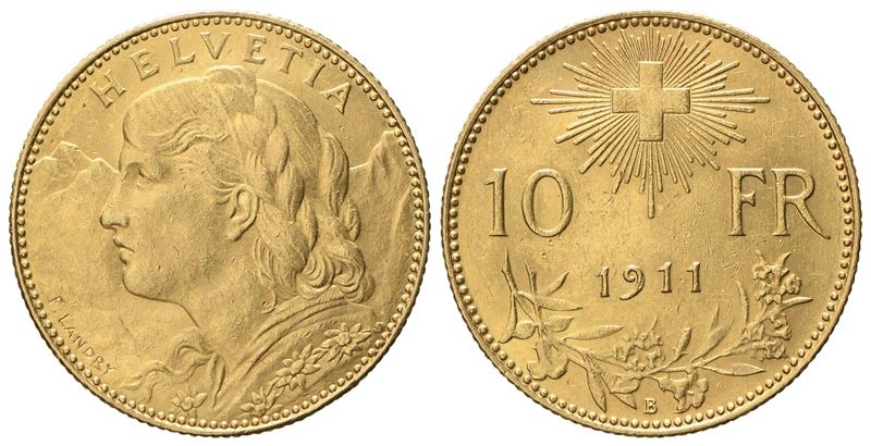 Svizzera. 10 Franchi 1911 B. Au 900 (3,21 G, 18,6 MM)