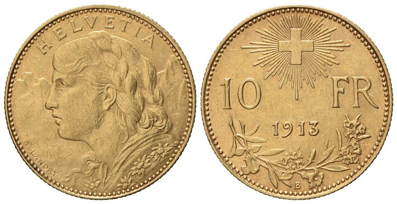 Svizzera. 10 Franchi 1913 B. Au (3,24 G; 18,6 MM)