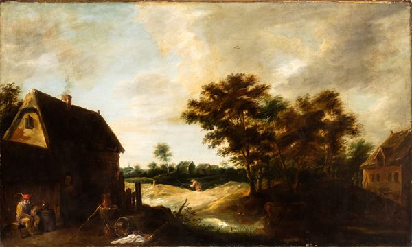 David Teniers Il Giovane - Landscape with houses and peasants