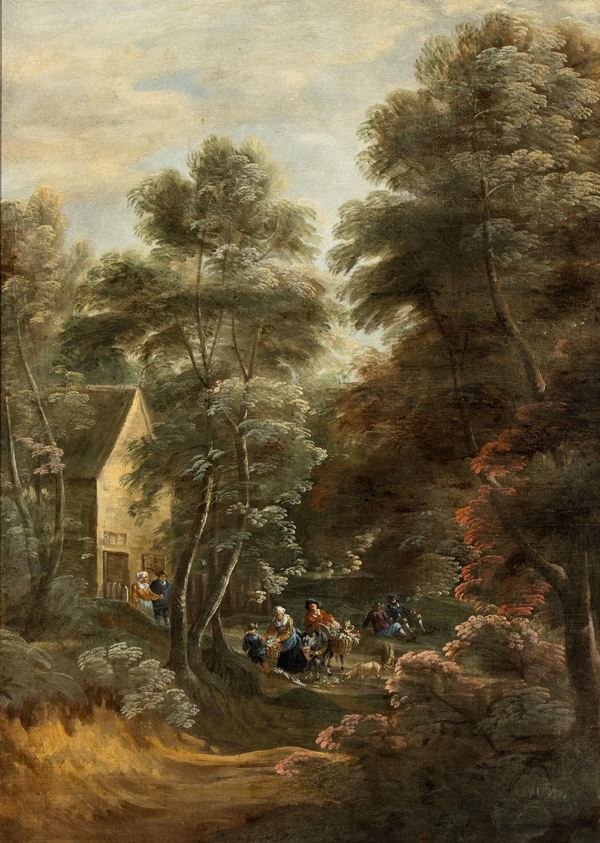 Artista fiammingo attivo in Italia, XVII secolo - Paesaggio con sosta di viandanti