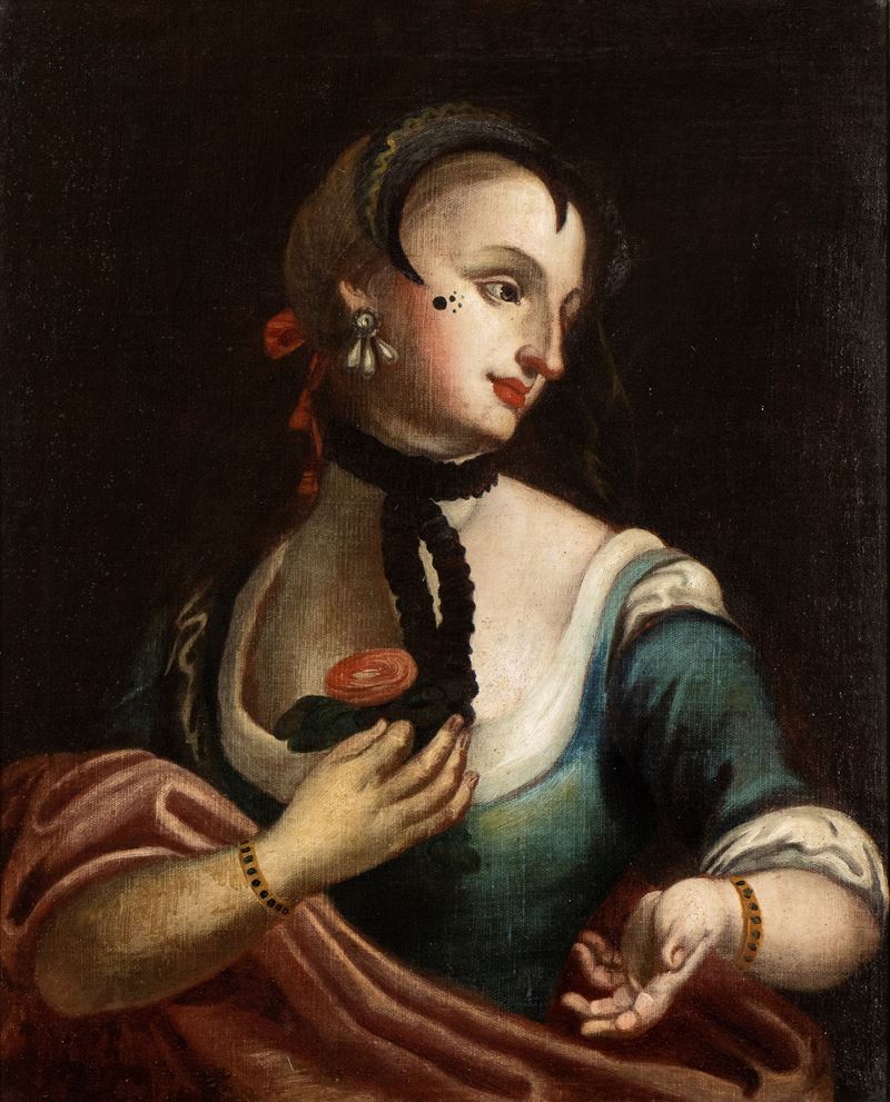 Artista Veneto, Fine XVIII - Inizio XIX Secolo - Ritratto di Dama con Rosa