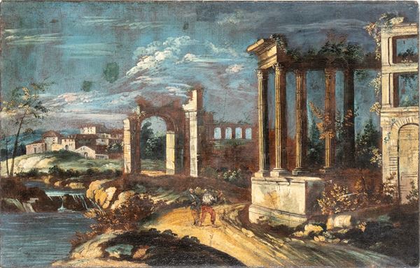 Artista veneto, XVIII - XIX secolo - Capriccio with classical ruins, river and figures