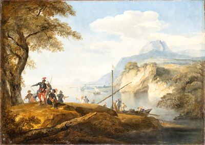 Paesaggio Costiero con Soldati, Pescatori e Imbarcazioni