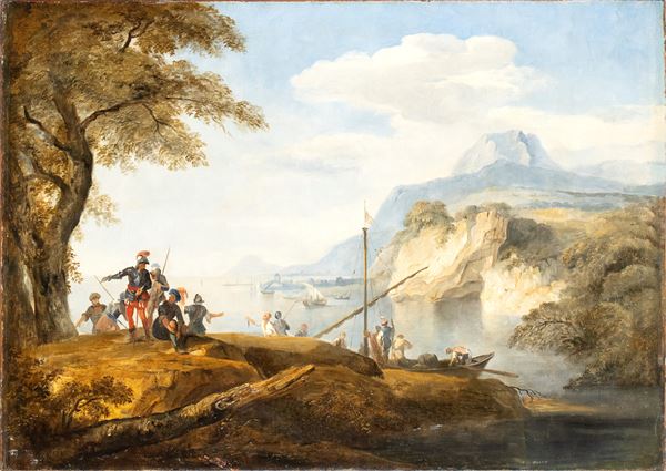 Artista attivo a Napoli, XVIII secolo - Coastal landscape with soldiers, fishermen and boats
