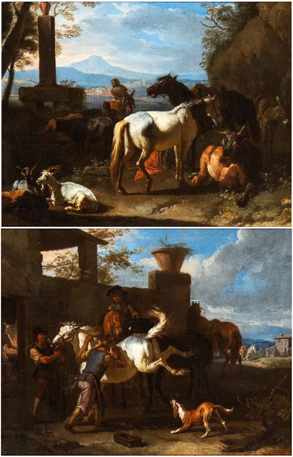 Pieter van Bloemen Lo Stendardo - a) Paesaggio con pastorella, cavalli e armenti; b) La bottega del maniscalco. Coppia di dipinti