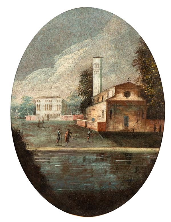 Artista veneto, XVIII secolo - Paesaggio lagunare con chiesa