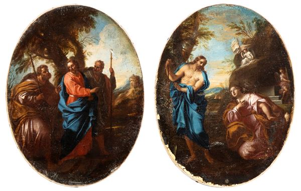 Artista attivo a Roma, prima met&#224; XVIII secolo - a) Noli me tangere; b) Meeting at Emmaus. Pair of paintings
