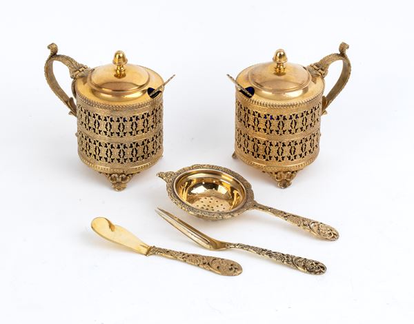 Pair of gilded silver mustard pots - Italy, 20th century