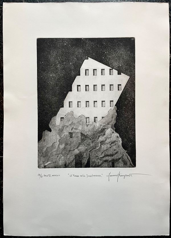 Giovanni Romagnoli : La Torre della Scuola Romana  (2022)  - Drypoint, etching and acquatint on paper, ed. 12/20 - Auction Brand New - 21st Century Art - Bertolami Fine Art - Casa d'Aste
