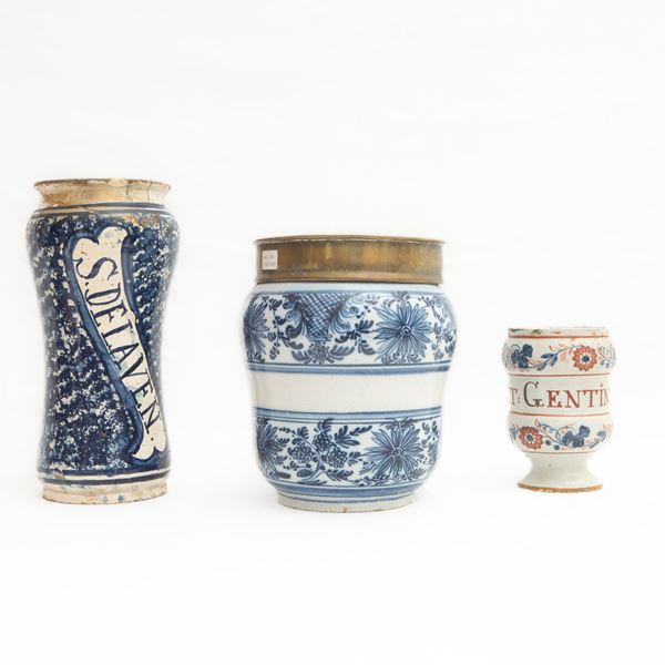 lot of three white and blue ceramic albarelli