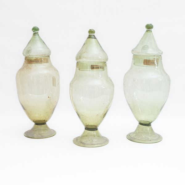 Lot of three green blown glass apothecary jars