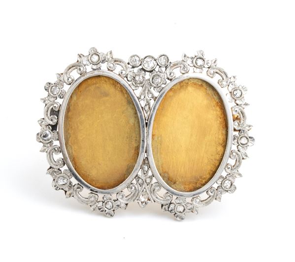 Diamond gold silver photo frame brooch - early 20th century