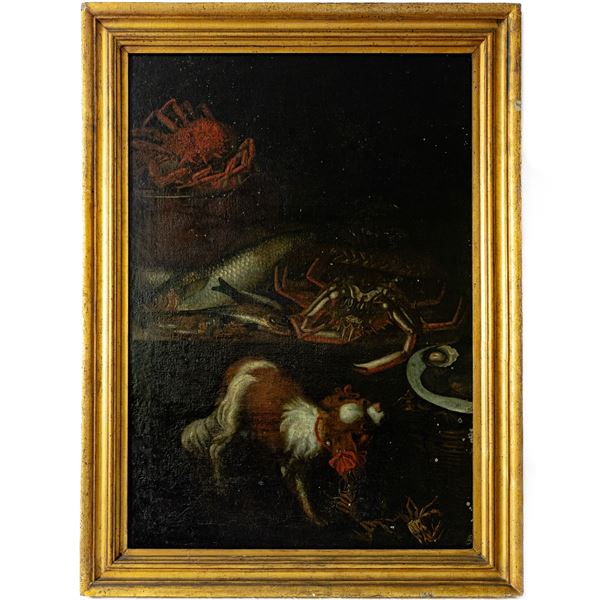 Neapolitan painter, still life composition with shellfish and dog