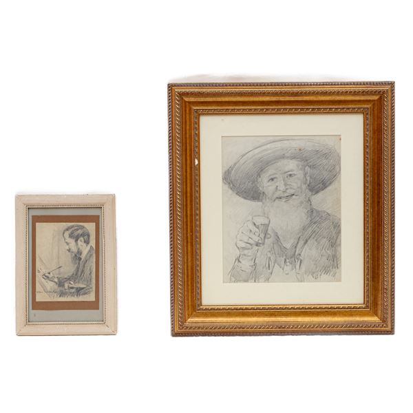 Male portraits, lot of two dark pencil drawings on paper