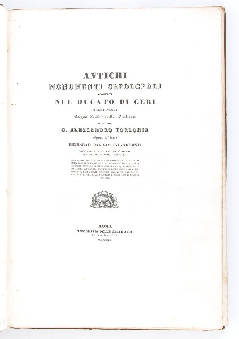Visconti Pietro Ercole. Antichi Monumenti Sepolcrali Scoperti nel Ducato di Ceri. Roma 1836