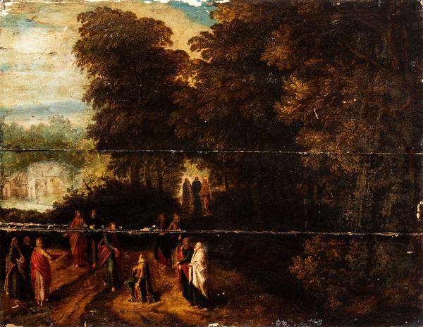 Artista fiammingo, XVII secolo - Landscape with Jesus and the Rich Young Man