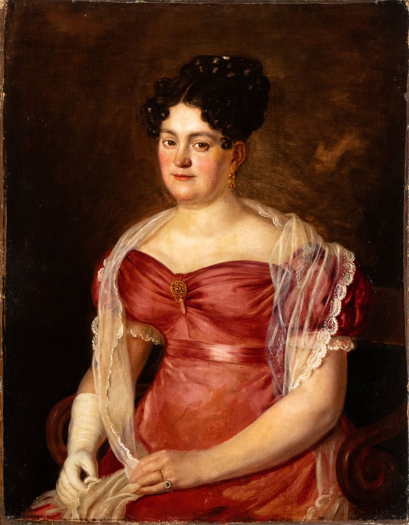 Artista Francese, Prima Metà XIX Secolo - Ritratto di Dama in Abito Rosa