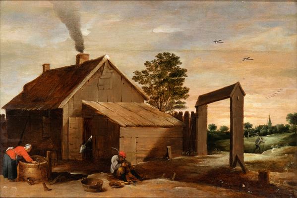 David Teniers Il Giovane - Landscape with house and farmer cleaning oyster