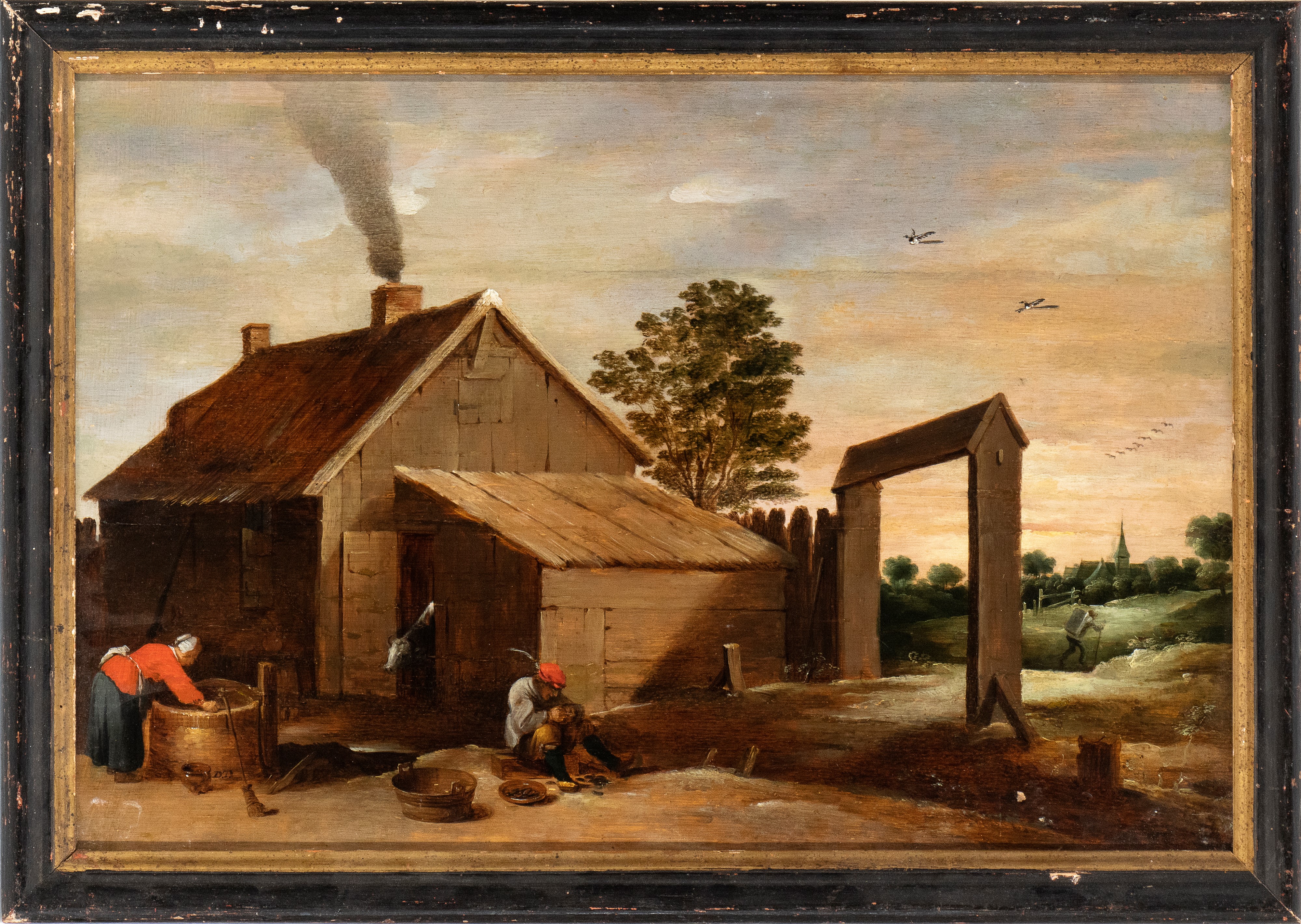 David Teniers il Giovane - Paesaggio con Casa e Contadino che Pulisce Ostriche