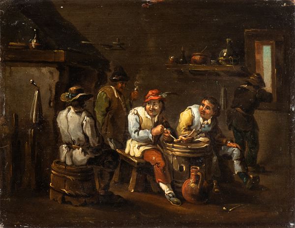 Artista fiammingo, XVIII secolo - Interno di osteria con fumatori di pipa