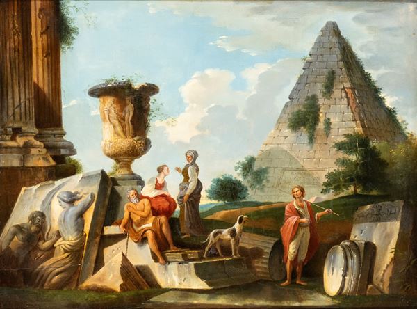 Giovanni Paolo Panini - Capriccio architettonico con figure e piramide Cestia