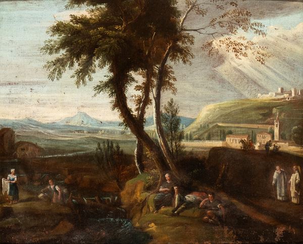 Artista veneto, XVIII secolo - Landscape with wayfarers, monks and washerwomen pausing near a torrent